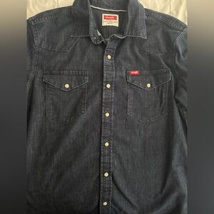 Wrangler Shirt Mens Blue Denim Western Pearl Snap - size Medium